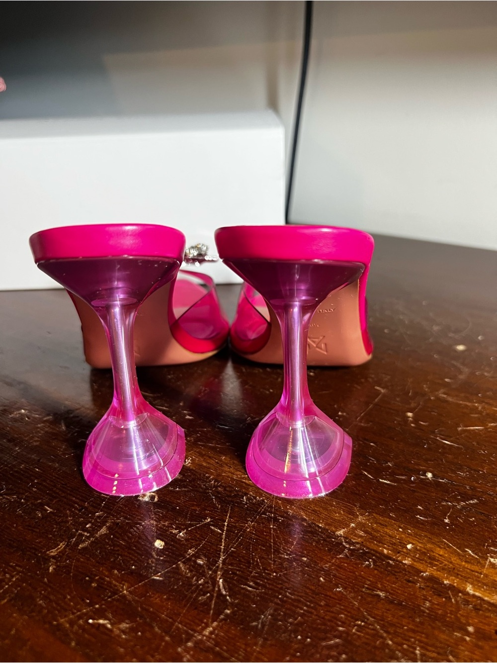 Amina Muaddi Hot Pink Crystal Bow PVC Mules - Picture 3 of 10
